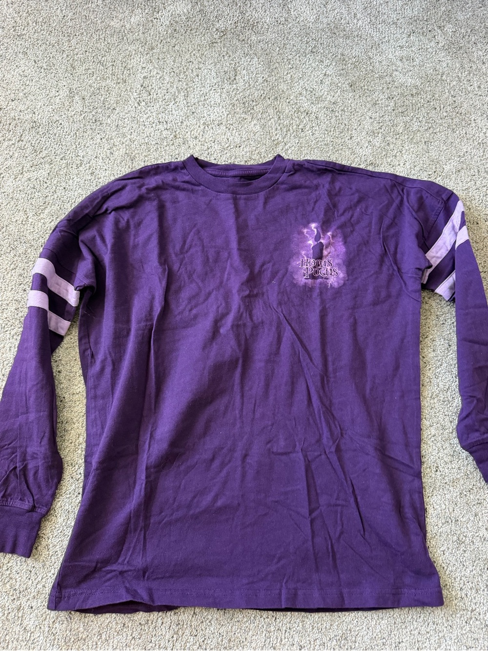 Purple Hocus Pocus Long Sleeve Graphic Tee with Light Purple Stripes